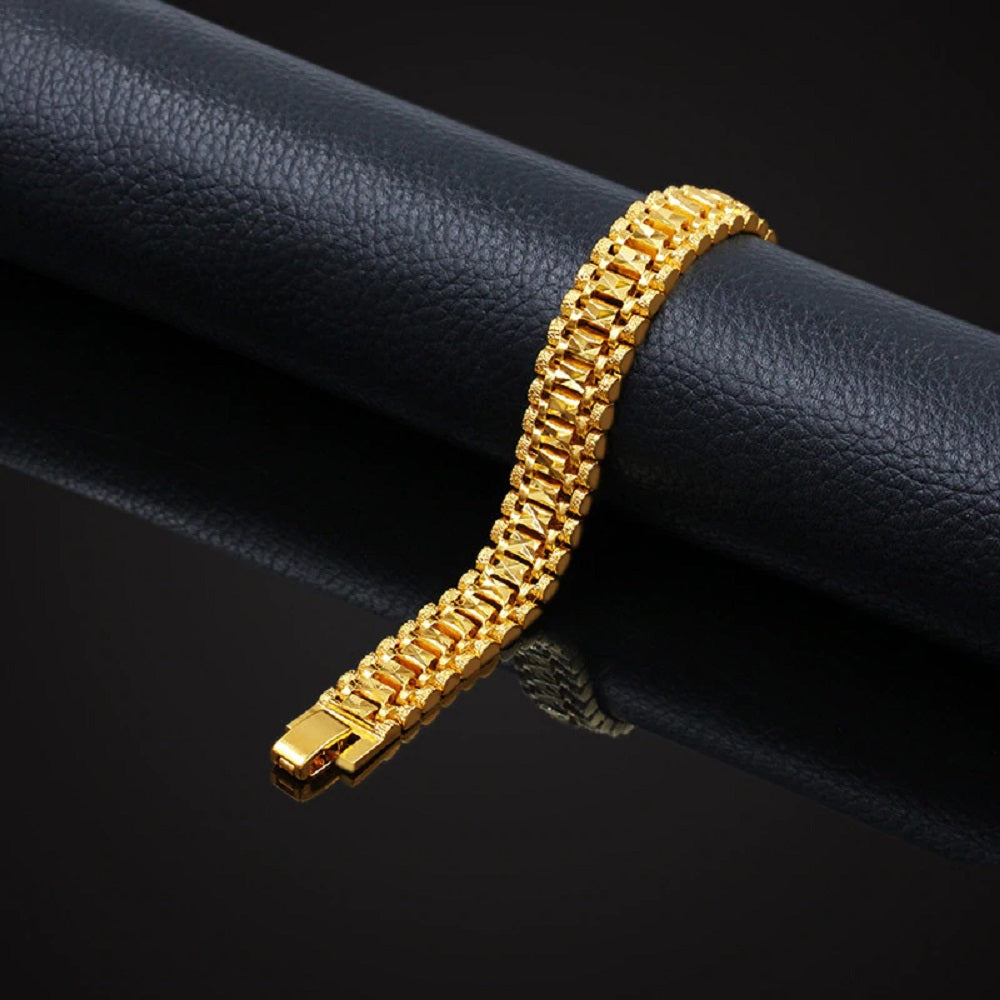 Unisex 18K Gold Plated Ge carved Link Muster 7.1" Dick Geschichtete Armband | Shop Nory