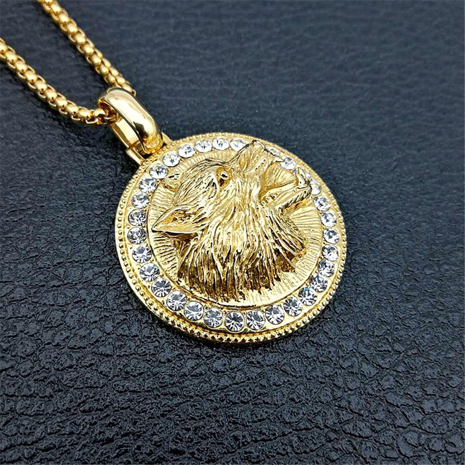 Mann Unisex Gold Brüllender Wolf Kopf Kristalle Solide Anhänger Flechtkette Halskette | Shop Nory
