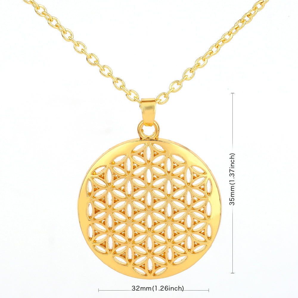 Damen Gold Rund ausgeschnittenes Blume des Lebens Mandala Edelstahl Anhänger Halskette | Shop Nory