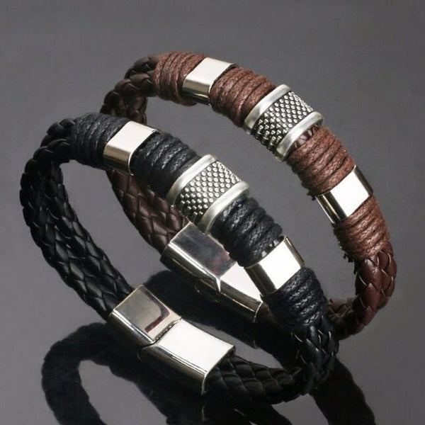 Herren Mehrschichtige Geflochtene Leder- &amp; Edelstahlstäbe Magnetverschluss Armbänder | Shop Nory