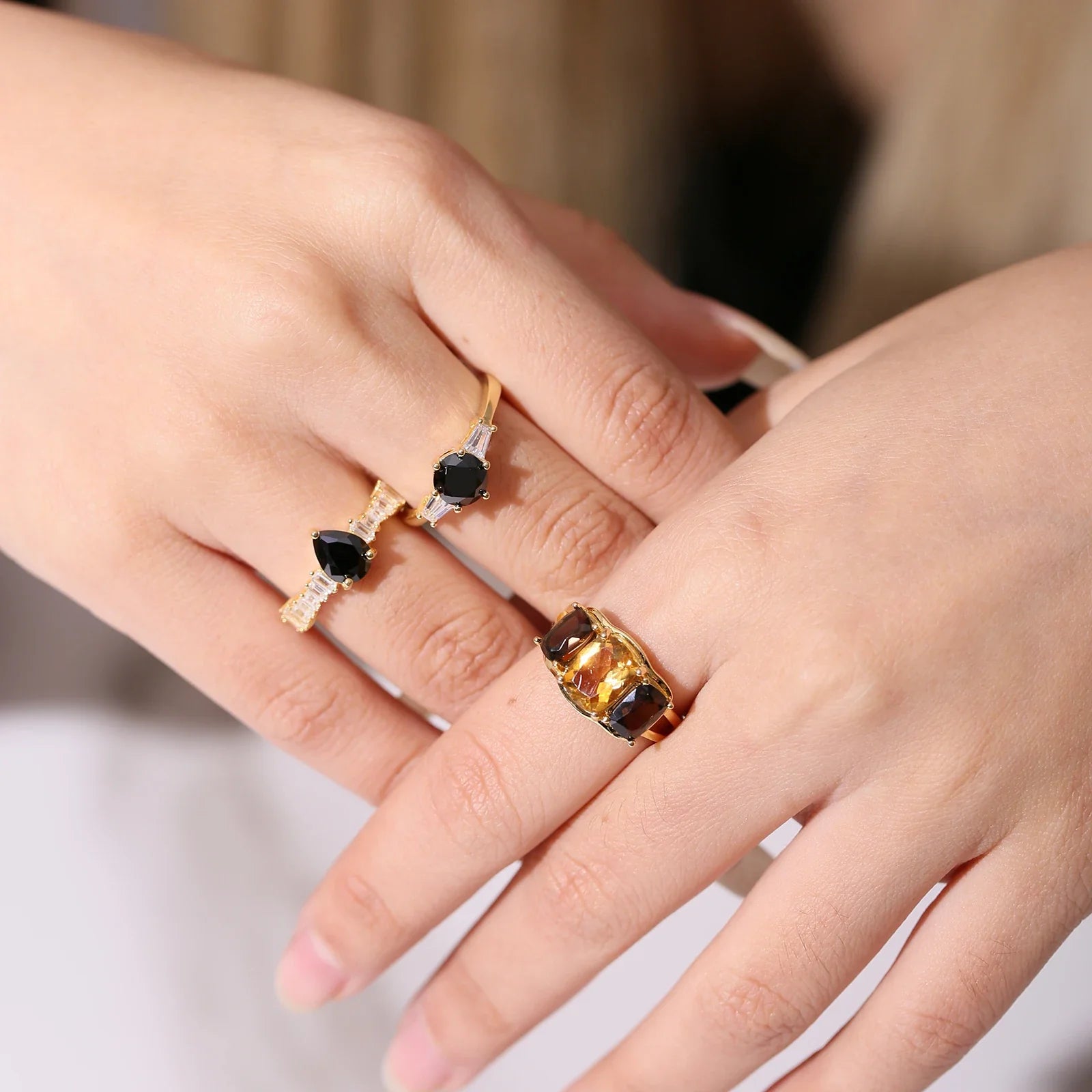 Citrin-Steinring, drei Steinringe mit echten natürlichen und großen Citrin-Edelsteinen, verstellbarer Ring | Shop Nory