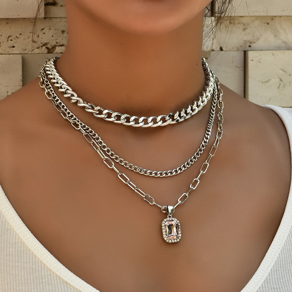 Damen Silber 3Tier Multi Layer Kreis Verbindung Rechteckige Kristall Anhänger Halskette | Shop Nory