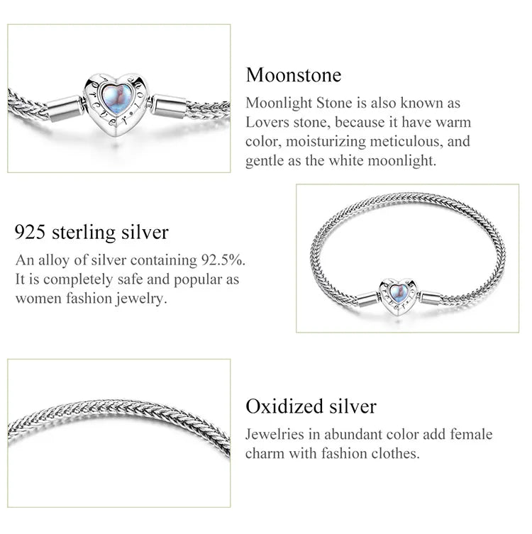 925 Sterling Silver Herz Mondstein Grundlegende Kettenarmbänder | Shop Nory