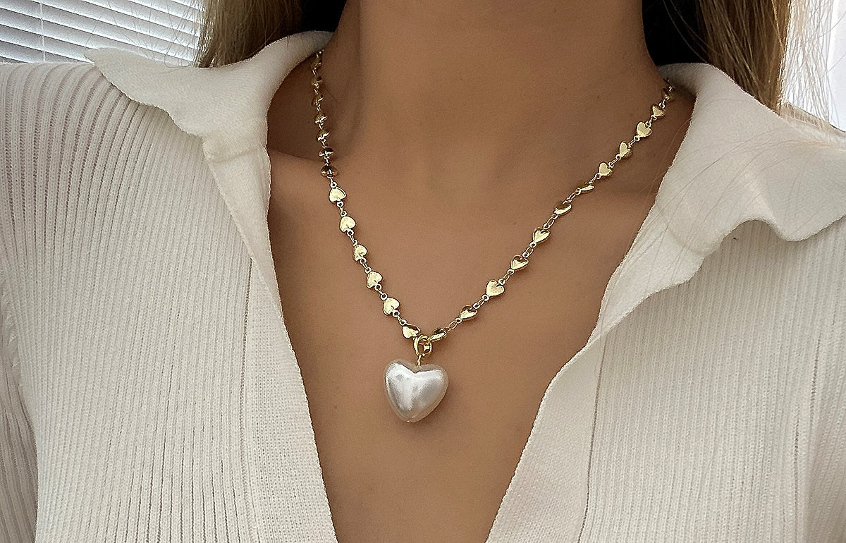 Damen Gold Herz Gliederkette Herz Perlen-Anhänger Halskette | Shop Nory