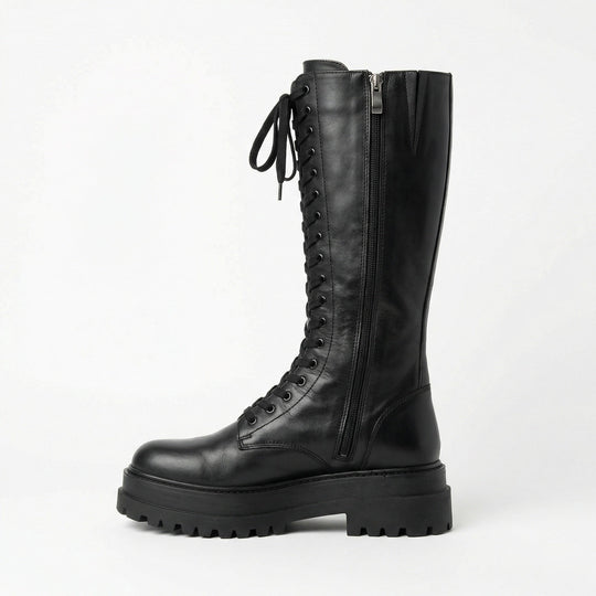 Hohe Stiefel Damen Schwarz mit Schnürung Tracksohle