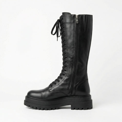 Hohe Stiefel Damen Schwarz mit Schnürung Tracksohle