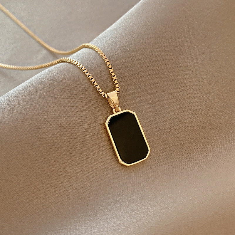 Unisex Schwarze Emaille Edelstahl Minimalistische Rechteckige Anhänger Halskette Set | Shop Nory