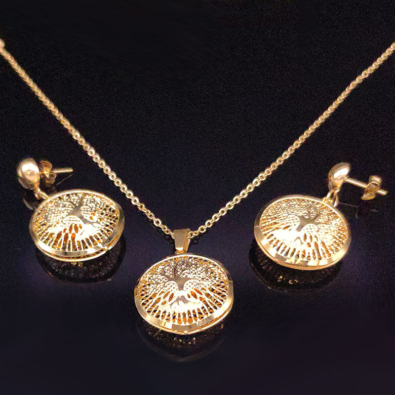 Goldbeschichtete Baum des Lebens Edelstahl Pendant Ohrringe Halskette Set | Shop Nory