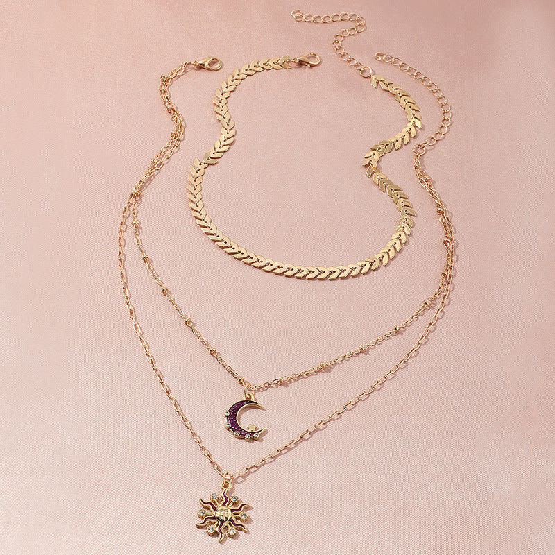 Damen Triple Layer Gold Zirkon Halb Kristall Mond Sonne Anhänger Halsketten Set | Shop Nory