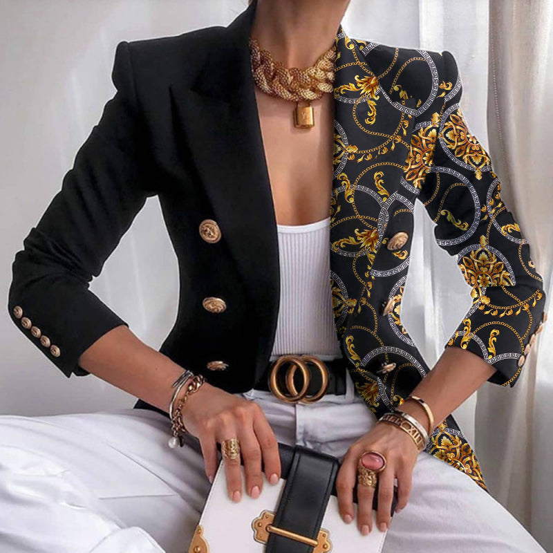 Asymmetrischer Blazer mit aufwändigem Gold- und Kettenmuster perfekt für lässige Tage