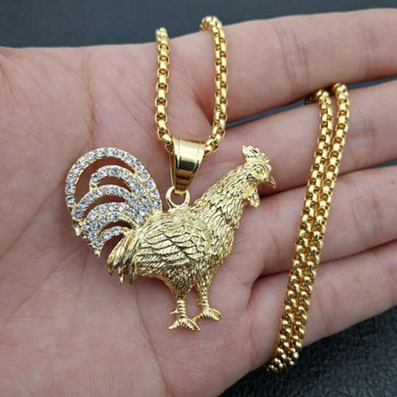 Unisex vergoldete Huhn & Kristalle Anhänger Twist Kettenhalskette | Shop Nory
