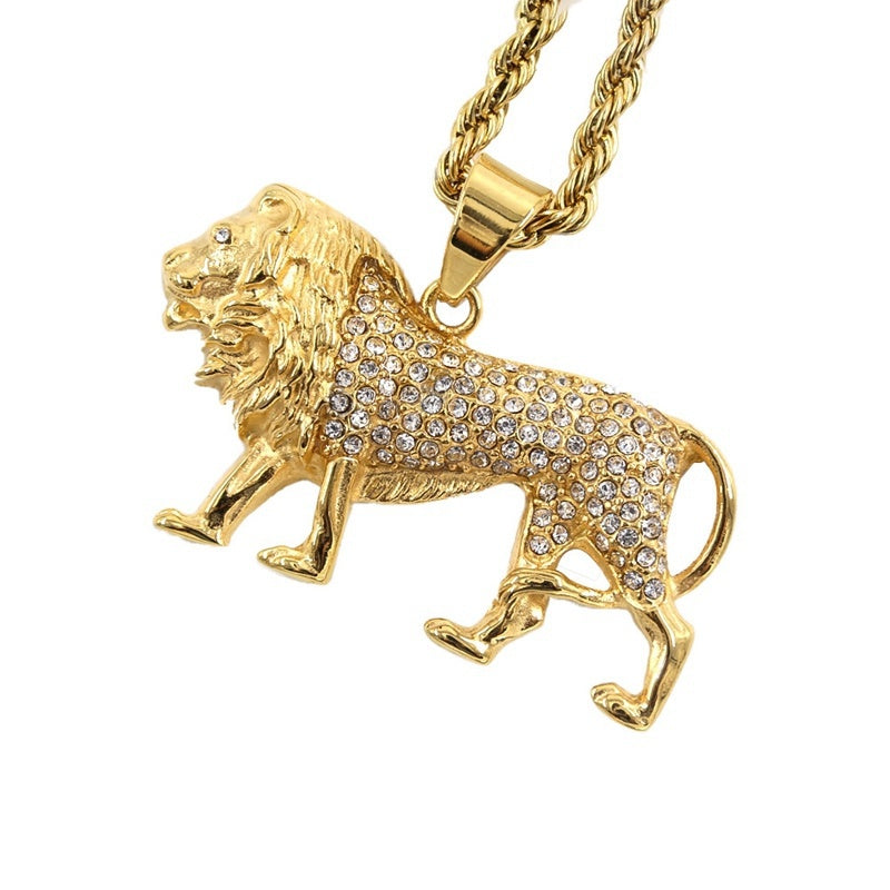 Herren Damen Gold Solid Strass Eingelassene Löwe Anhänger Zopf Link Kettenhalskette | Shop Nory