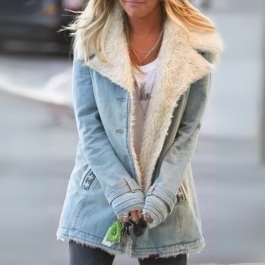 Mit langen, warmen Jeansjacke