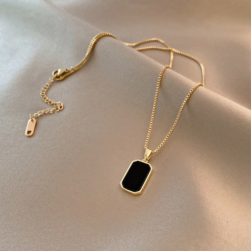 Unisex Schwarze Emaille Edelstahl Minimalistische Rechteckige Anhänger Halskette Set | Shop Nory
