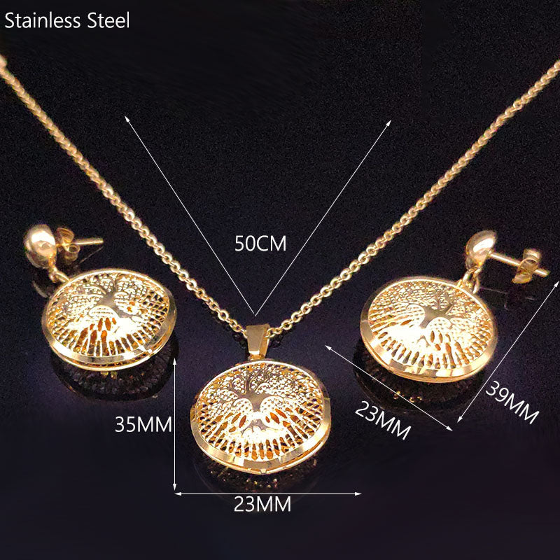 Goldbeschichtete Baum des Lebens Edelstahl Pendant Ohrringe Halskette Set | Shop Nory