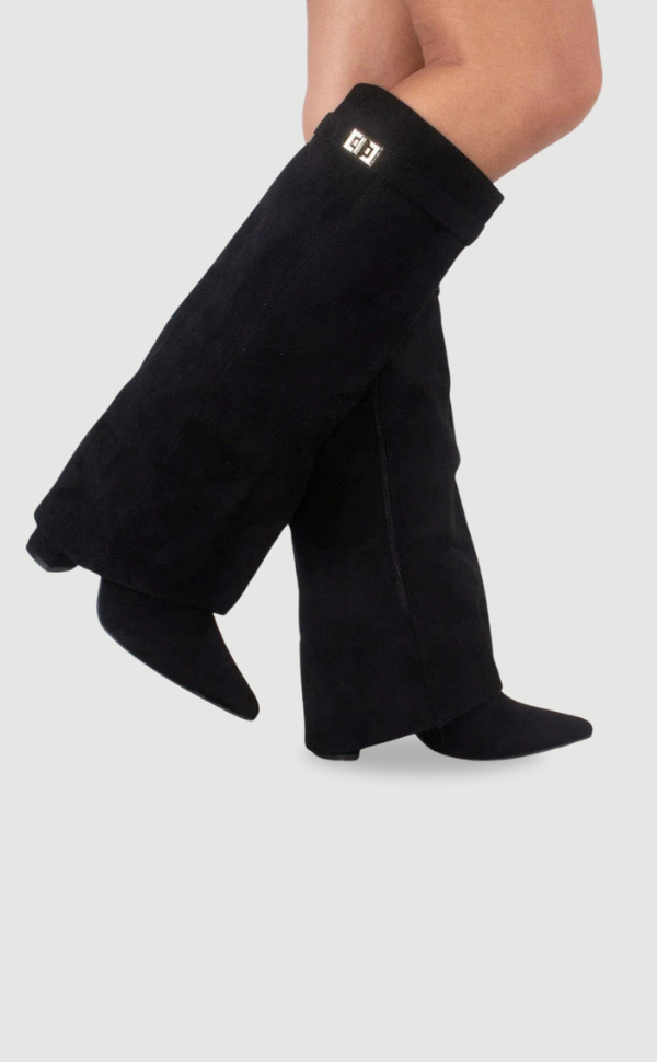 Hohe Stiefel aus PU-Leder - Spitzes Ende - Stiefel mit Absatz - Stiefel mit weitem Schaft