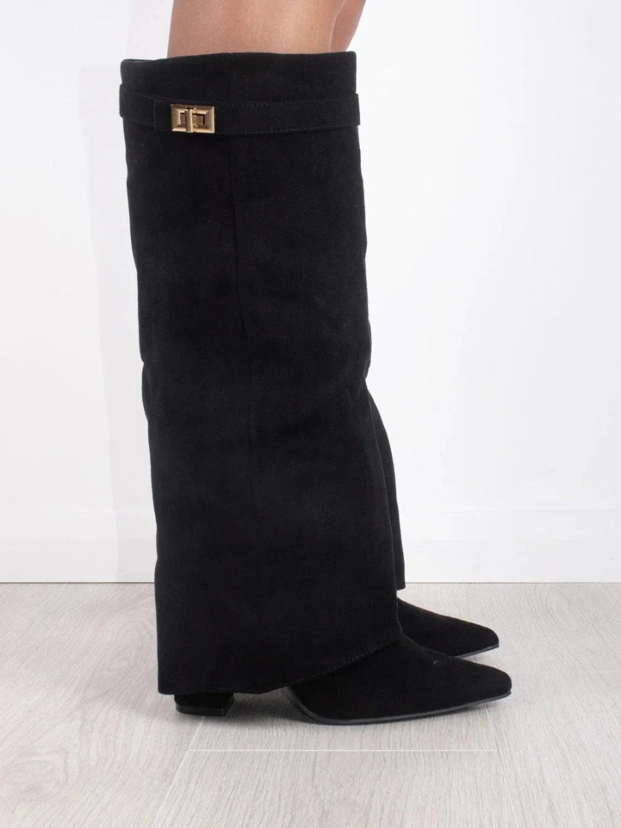 Hohe Stiefel aus PU-Leder - Spitzes Ende - Stiefel mit Absatz - Stiefel mit weitem Schaft