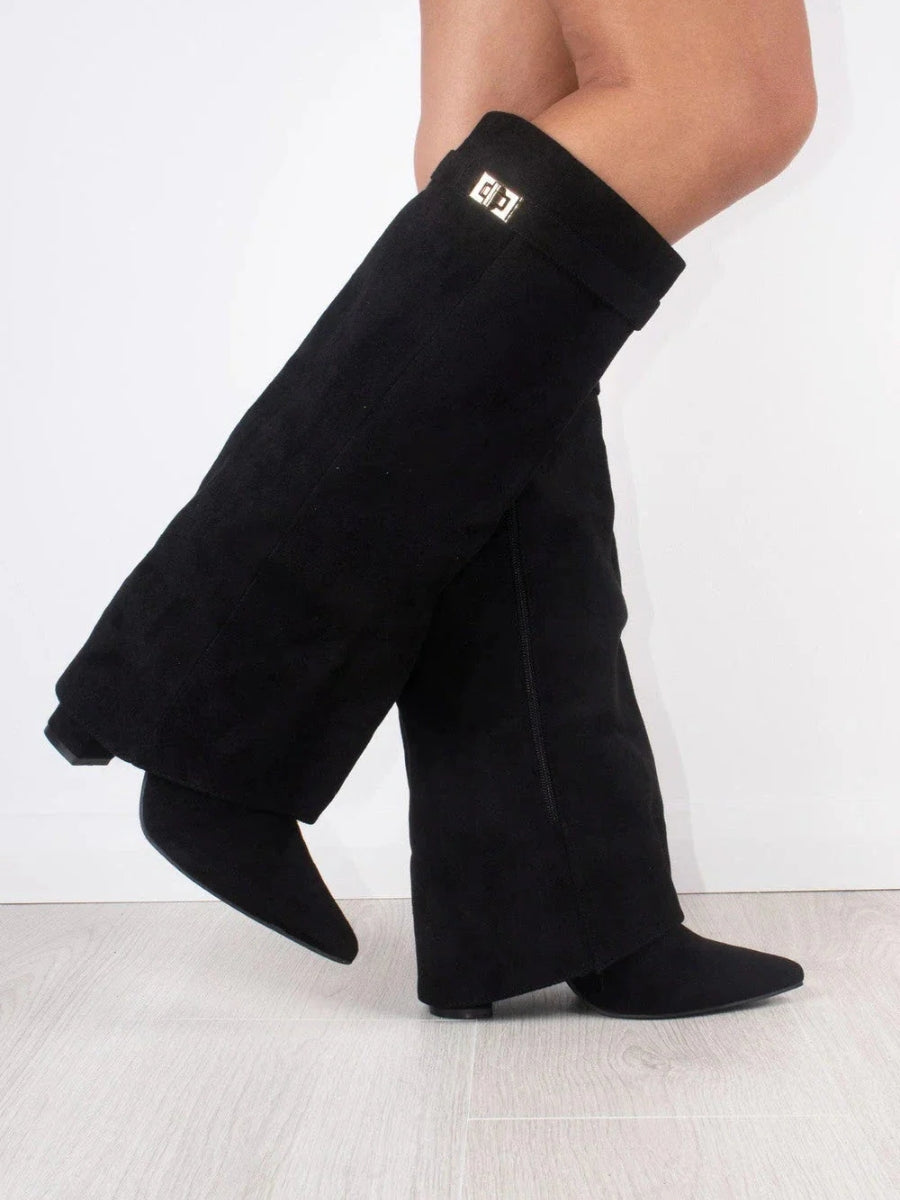 Hohe Stiefel aus PU-Leder - Spitzes Ende - Stiefel mit Absatz - Stiefel mit weitem Schaft