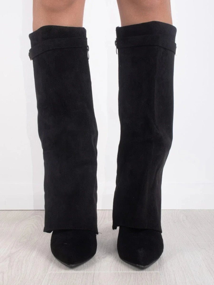Hohe Stiefel aus PU-Leder - Spitzes Ende - Stiefel mit Absatz - Stiefel mit weitem Schaft