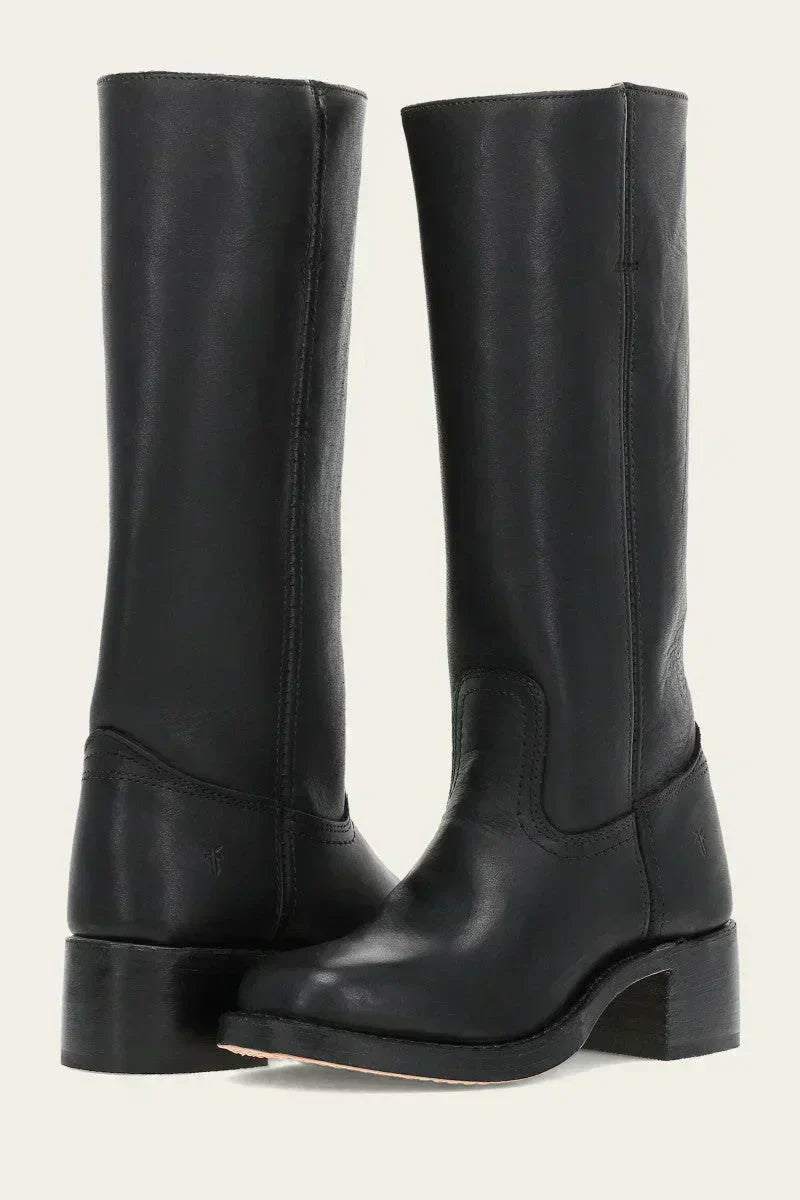 Hohe Stiefel - Damen Leder Blockabsatz Kniehohe Stiefel
