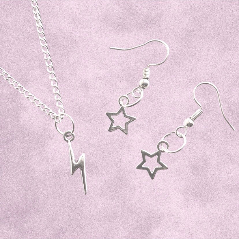 Cosmos Silver Jewellery Set - Lightning Bolt Necklace and Star Earrings | Shop Nory