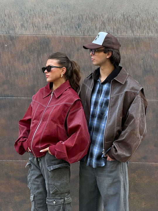Burgundisch Zip up Jacke in Übergröße mit Kontrastnähten
