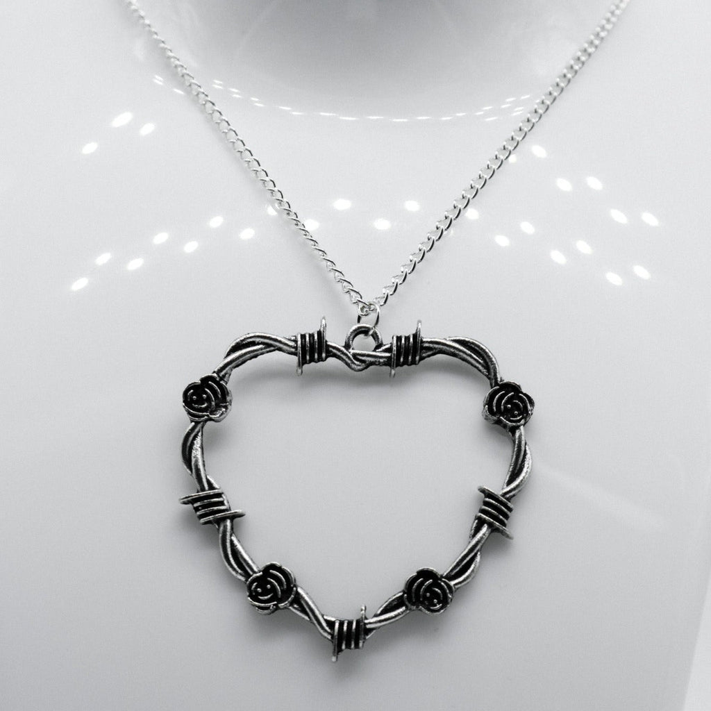 Silver Large Barbed Wire Rose Heart Charm Necklace | Shop Nory
