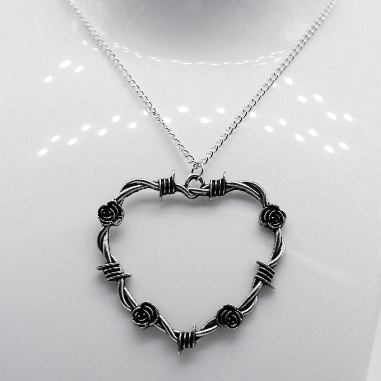 Silver Large Barbed Wire Rose Heart Charm Necklace | Shop Nory