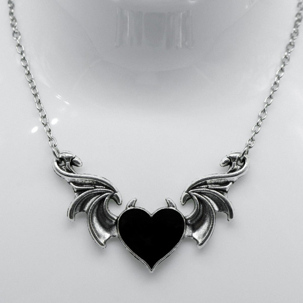 Silver Winged Black Heart Charm Necklace | Shop Nory