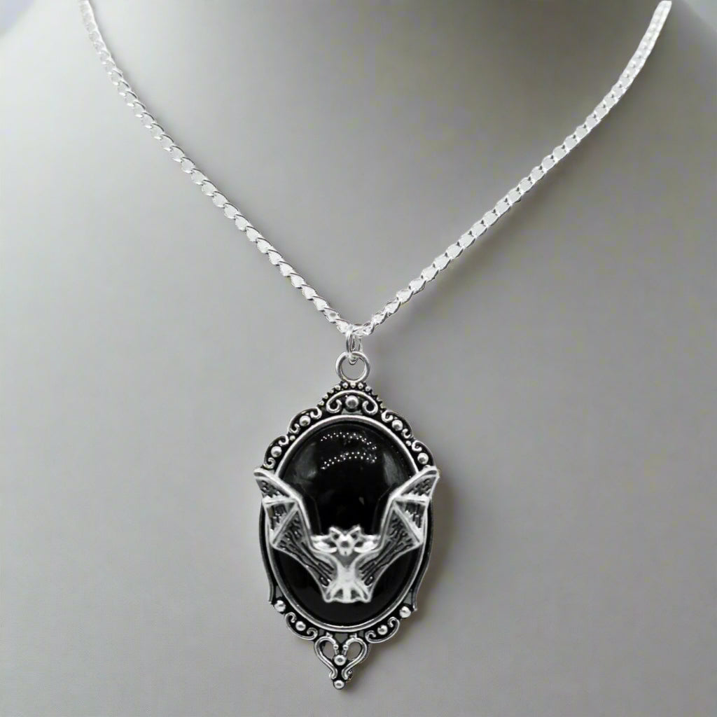 Silver Gothic Black Vampire Bat Framed Charm Necklace | Shop Nory