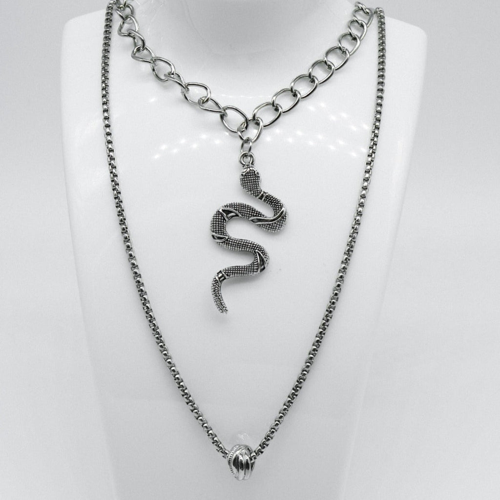 Large Silver Snake & Ring Layered Necklace Set | Shop Nory