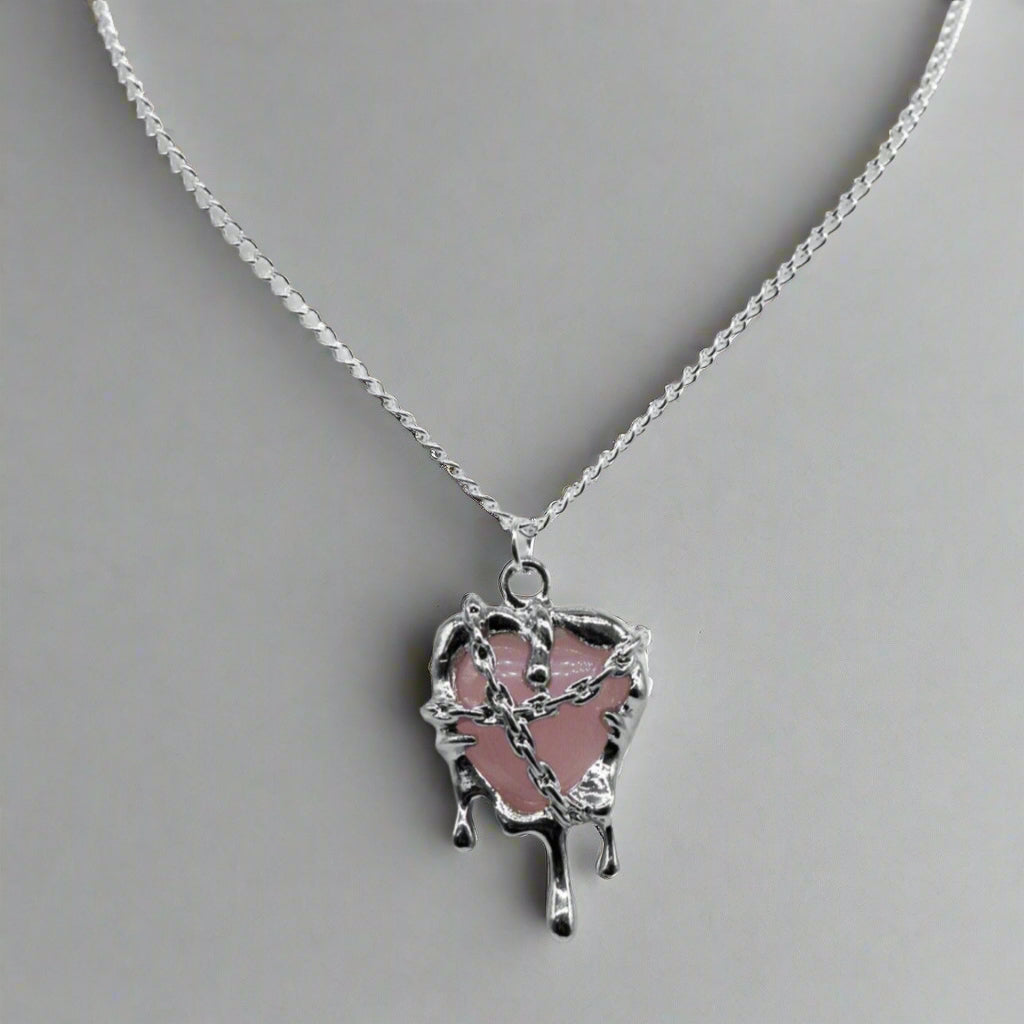 Silberne Rosa Harz Schmelzendes Herz Anhänger Halskette | Shop Nory