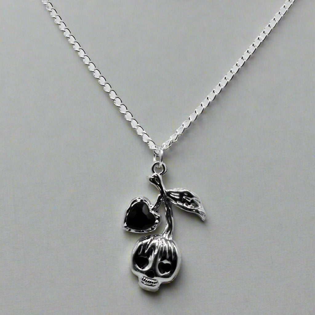 Silver Cherry Skull with Black Stones Charm Necklace | Shop Nory