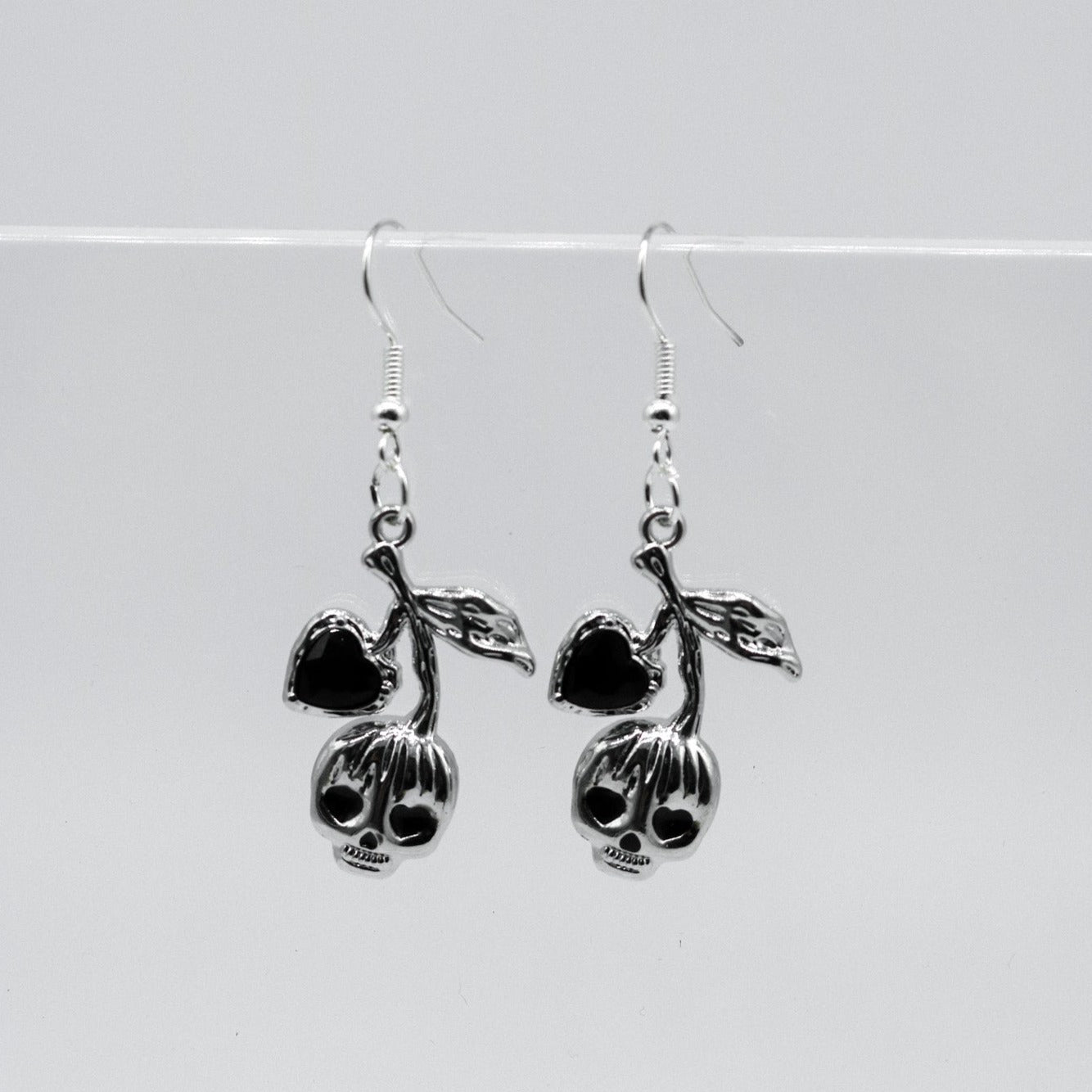 Silver Cherry Skull with Black Stones Charm Earrings | Shop Nory