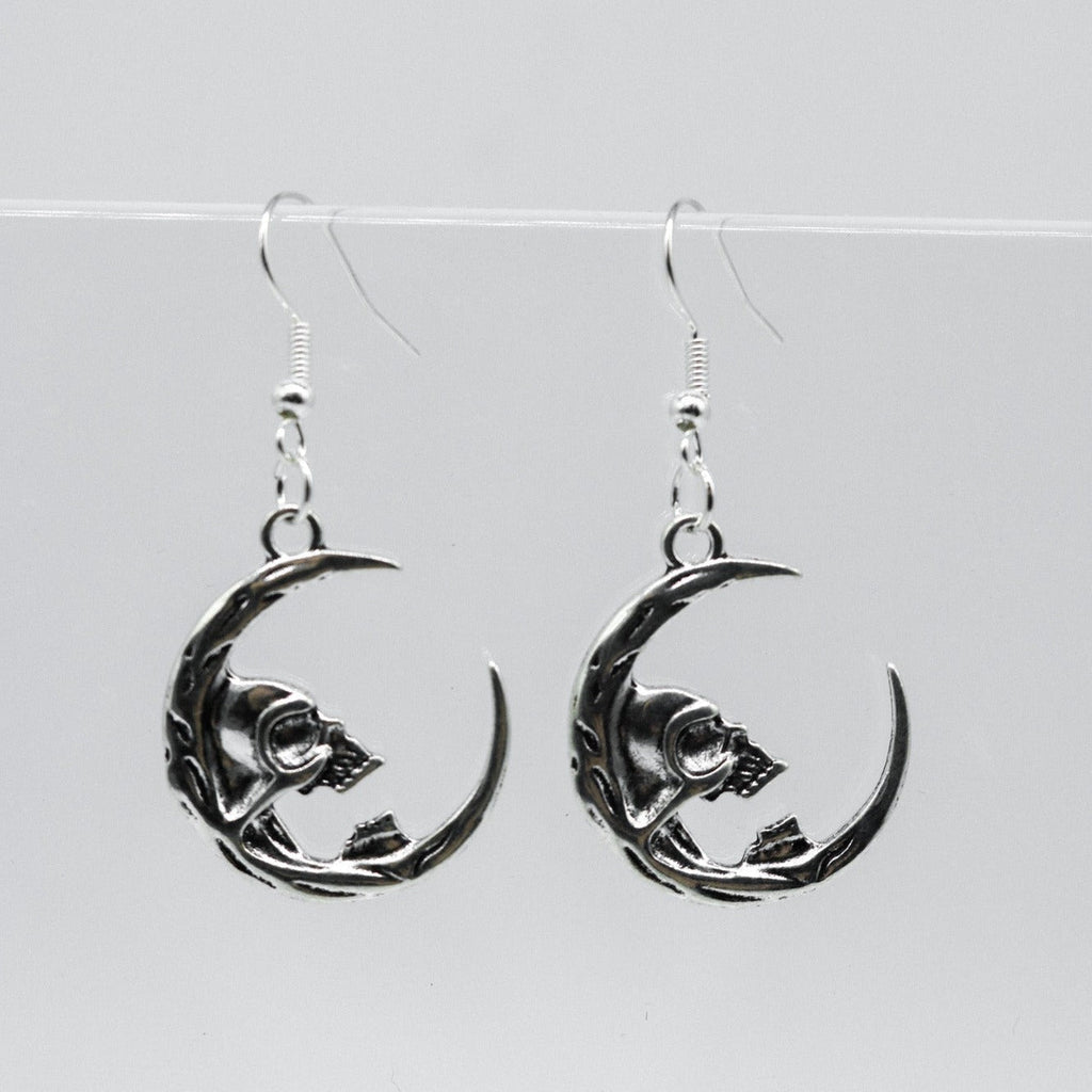 Silver Gothic Moon Skull Charm Earrings | Shop Nory