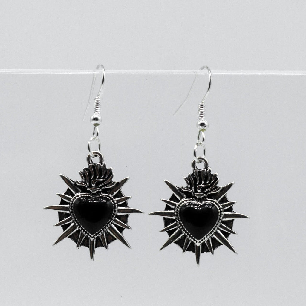 Silver Sacred Flaming Black Heart Charm Earrings | Shop Nory