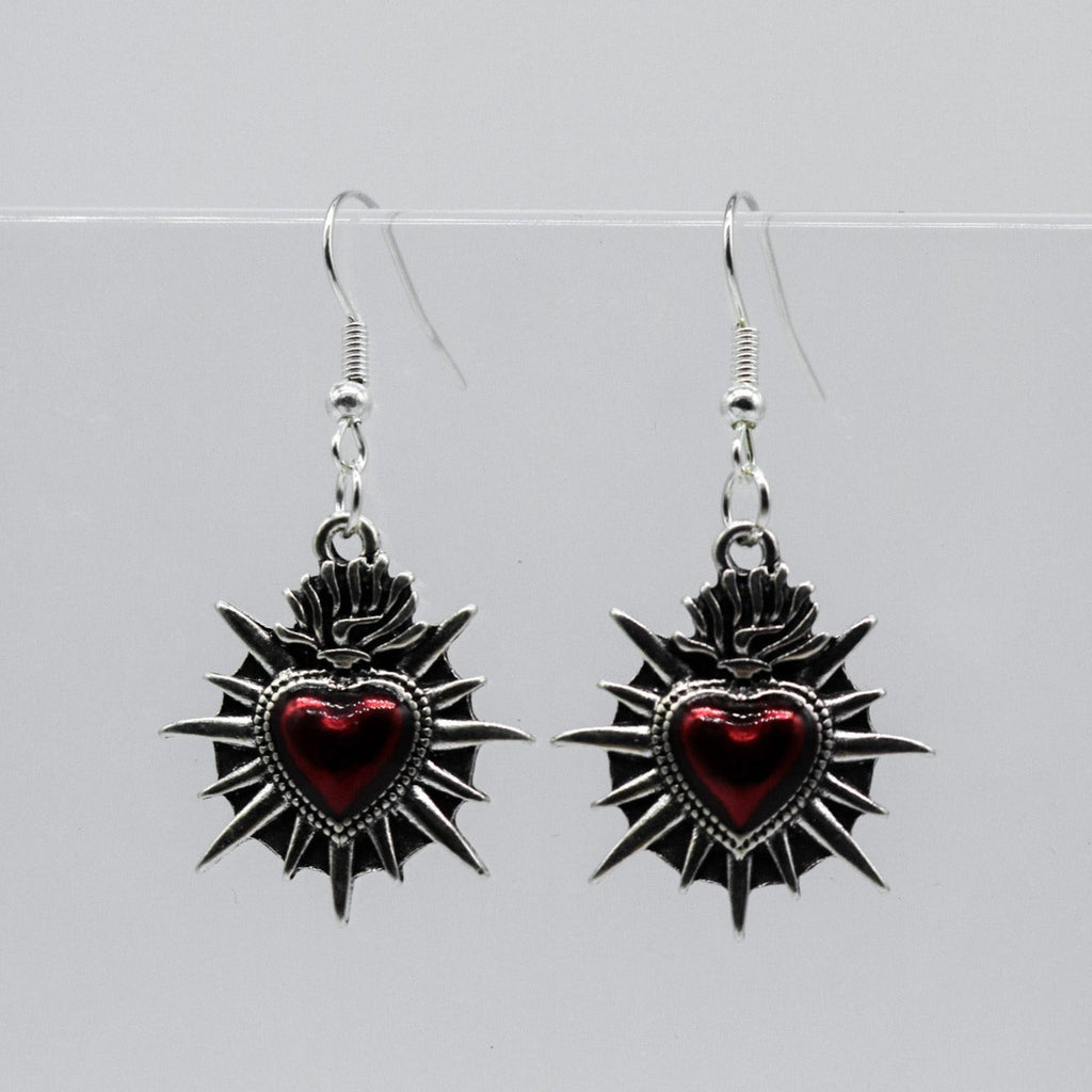 Silver Sacred Flaming Red Heart Charm Earrings | Shop Nory
