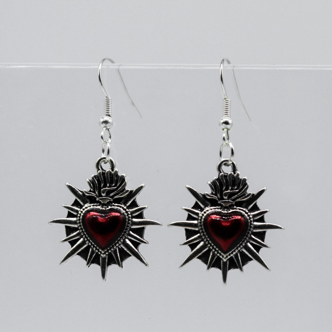 Silver Sacred Flaming Red Heart Charm Earrings | Shop Nory