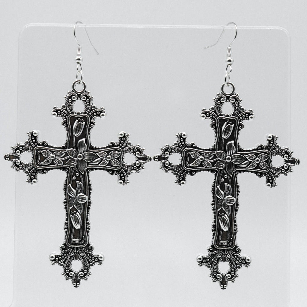 Large Silver Gothic Punk Cross Charm Earrings | Shop Nory