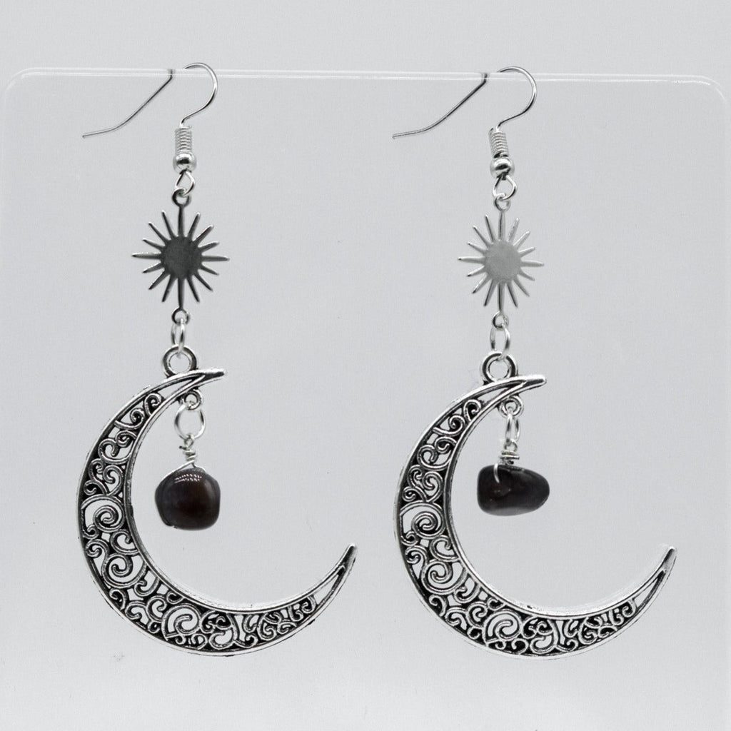 Silver Amethyst Crescent Moon & Sun Charm Earrings | Shop Nory