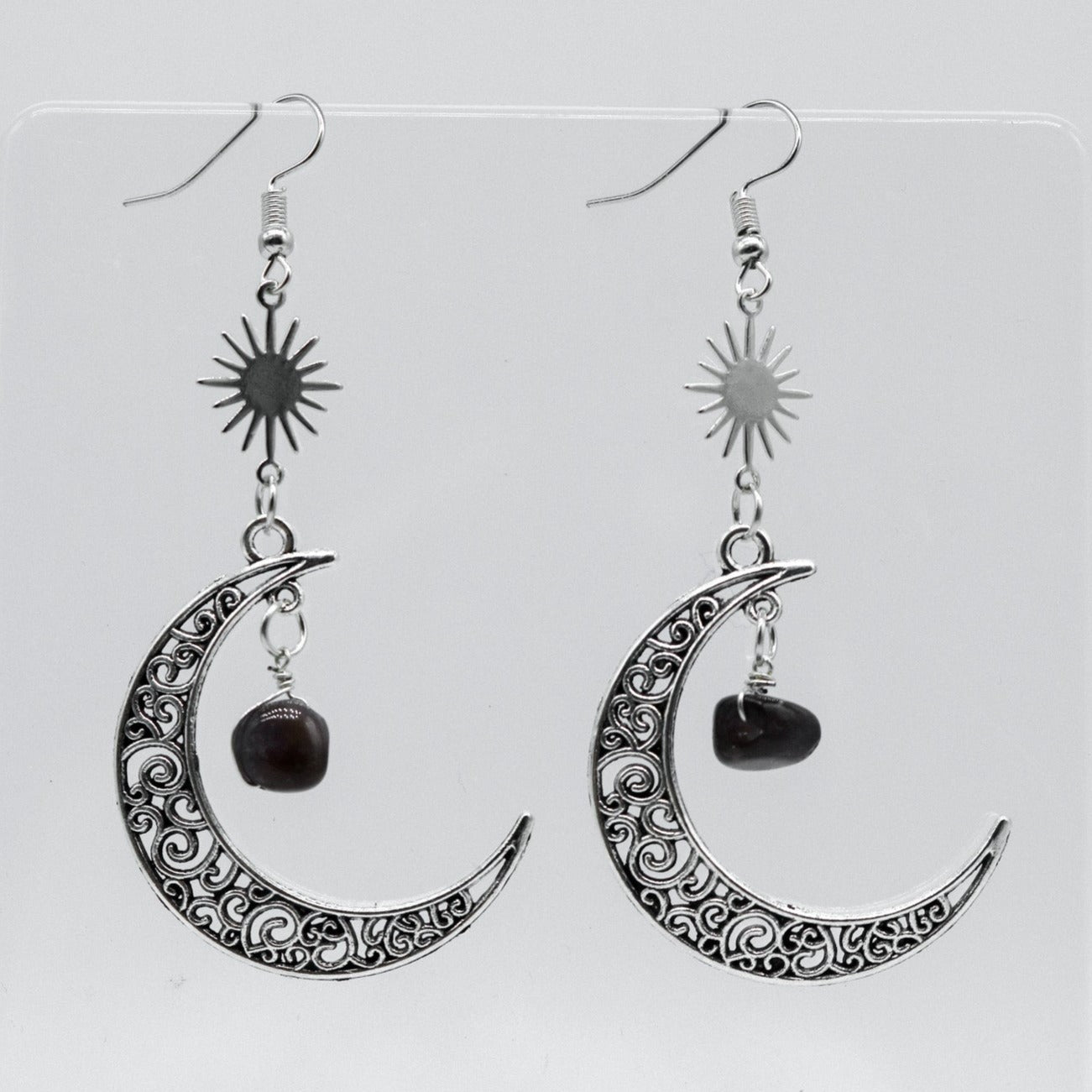 Silver Amethyst Crescent Moon & Sun Charm Earrings | Shop Nory