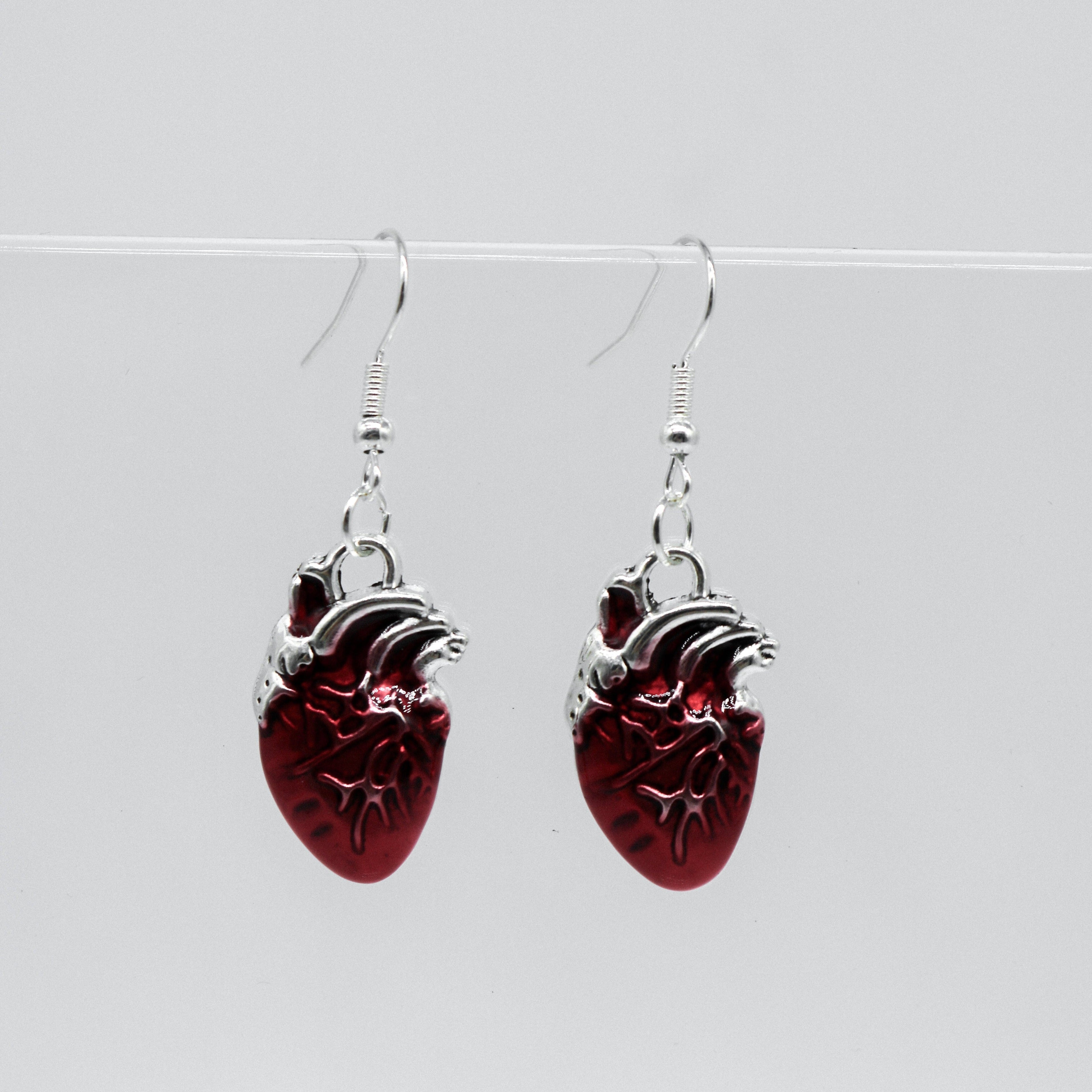 Silver and Red Anatomical Heart Charm Earrings | Shop Nory