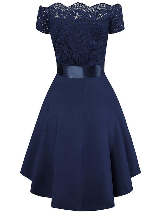Midikleid mit Spitze, kurze Vorderseite, langer Rücken, eleganter Cocktail-Skater