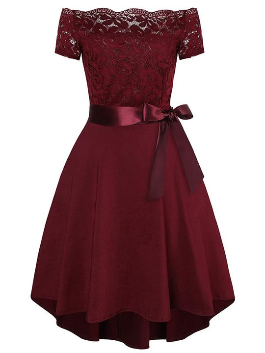Midikleid mit Spitze, kurze Vorderseite, langer Rücken, eleganter Cocktail-Skater