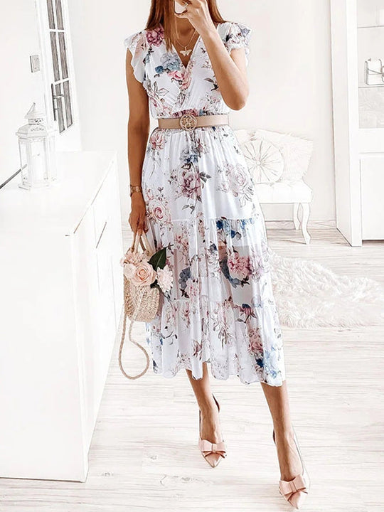 mittellanges Kleid aus Chiffon mit Blumendruck, Rüschen, fließend, V-Ausschnitt, ärmellos, Bohemian-Stil, für Damen, lässig
