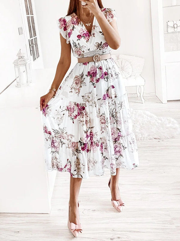 mittellanges Kleid aus Chiffon mit Blumendruck, Rüschen, fließend, V-Ausschnitt, ärmellos, Bohemian-Stil, für Damen, lässig