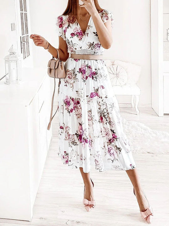 mittellanges Kleid aus Chiffon mit Blumendruck, Rüschen, fließend, V-Ausschnitt, ärmellos, Bohemian-Stil, für Damen, lässig