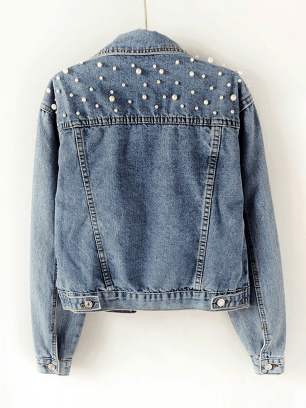 Jeansjacke, geknöpfte Taschen, Strass-Perlenbesatz, Reverskragen, lange Ärmel, Damenmode, lässig, übergroß, lässig