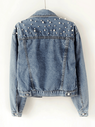 Jeansjacke, geknöpfte Taschen, Strass-Perlenbesatz, Reverskragen, lange Ärmel, Damenmode, lässig, übergroß, lässig