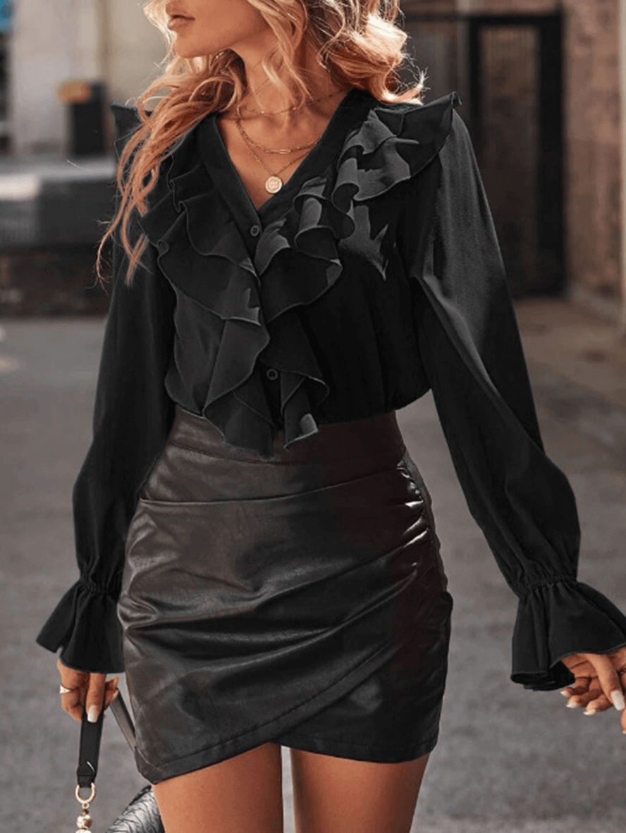 Rüschen-Button-Down-Hemd, V-Ausschnitt, Jabot-Kragen, ausgestellte Ärmel, lange Ärmel, Damen, süße, elegante ModShopnoryluse